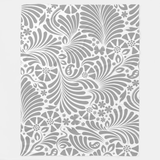Couverture Polaire Motif Baroque Gris Et Blanc Floral (Devant)
