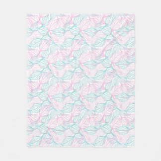 Couverture Polaire Motif blanc de feuilles stylisées rose et turquois