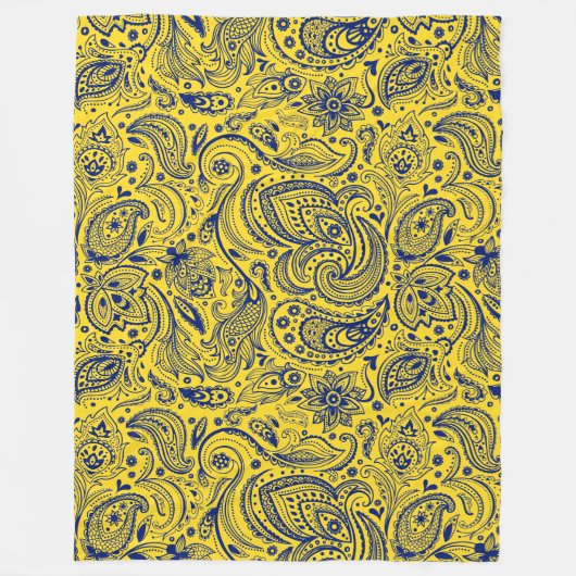 Couverture Polaire Motif bleu Paisley sur Jaune (Devant)