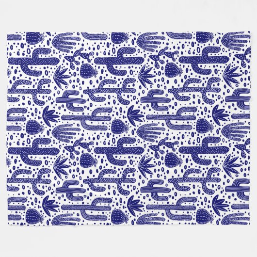 Couverture Polaire Motif Cactus - Bleu foncé et Blanc (Devant (Horizontal))