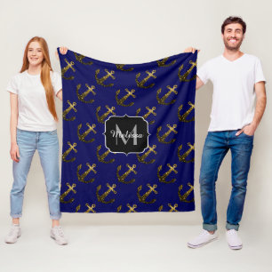 Couverture Polaire Motif d'ancre avec faux éclats dorés Monogramme ma