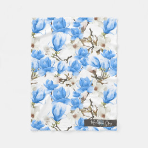 Couverture Polaire Motif d'aquarelle bleu et blanc en fleurs de Magno