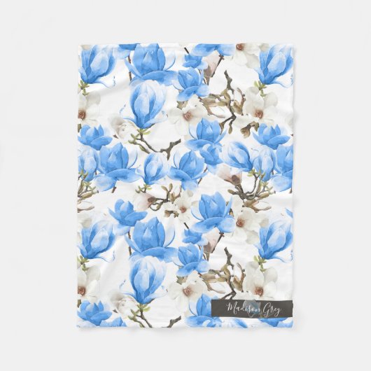 Couverture Polaire Motif d'aquarelle bleu et blanc Magnolia Blossom (Devant)