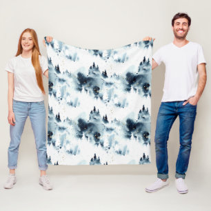Couverture Polaire Motif d'aquarelle de la forêt bleue de minuit