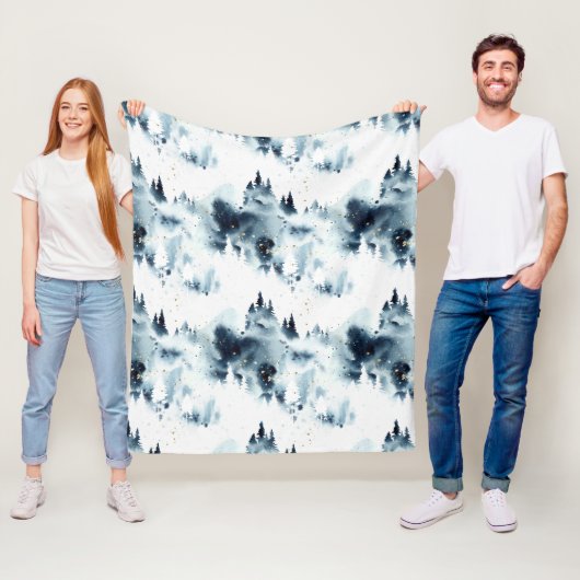 Couverture Polaire Motif d'aquarelle de la forêt bleue de minuit (En situation)