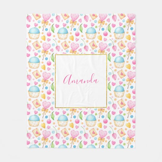Couverture Polaire Motif d'aquarelle douce Coeurs et Cupcakes (Devant)