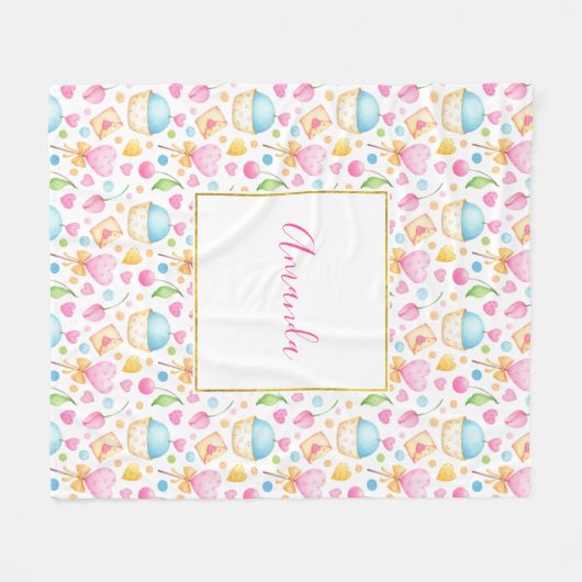 Couverture Polaire Motif d'aquarelle douce Coeurs et Cupcakes (Devant (Horizontal))