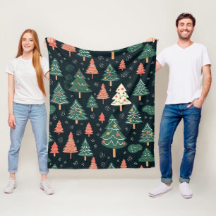 Couverture Polaire Motif d'arbre de Noël vert et corail festif