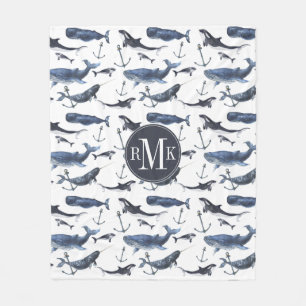 Couverture Polaire Motif de baleine et d'Ancre d'aquarelle