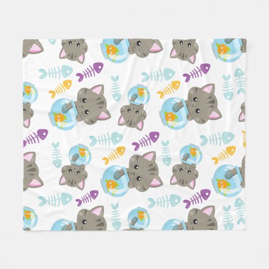 Couverture Polaire Motif De Chats, Chats Mignons, Chatons, Poisson (Devant (Horizontal))