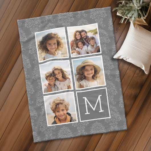 Couverture Polaire Motif de Damas gris 5 Photo Collage Monogramme