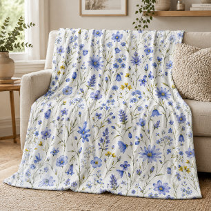 Couverture Polaire Motif de fleur sauvage à l'aquarelle bleu jaune ve