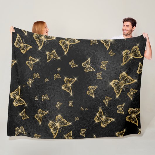 Couverture Polaire Motif de glam or et papillons noirs (En situation)