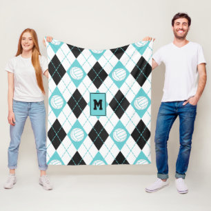 Couverture Polaire motif de Jacquard noir turquoise à thème volley-ba