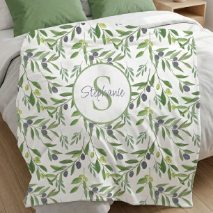 Couverture Polaire Motif de nom en aquarelle et motif olivier