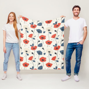 Couverture Polaire Motif de Poppies d'aquarelle - Rouge, Bleu et Blan