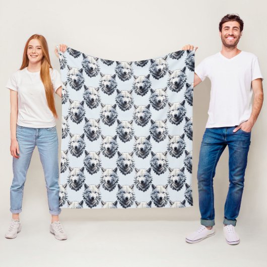Couverture Polaire Motif de tête de loup blanc - Blanc