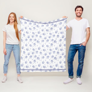 Couverture Polaire Motif de toile botanique d'hortensia bleu et blanc