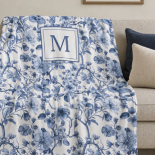 Couverture Polaire Motif de toile de chinoiserie bleue avec monogramm