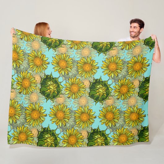 Couverture Polaire Motif de tournesol jaune avec feuillage et bourgeo (En situation)