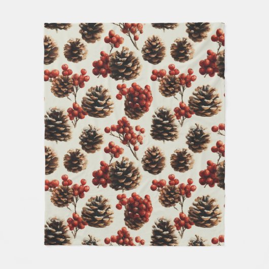 Couverture Polaire Motif d'hiver des pins et des baies rouges (Devant)
