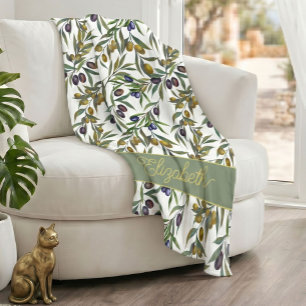 Couverture Polaire Motif d'olive de campagne française aquarelle vert