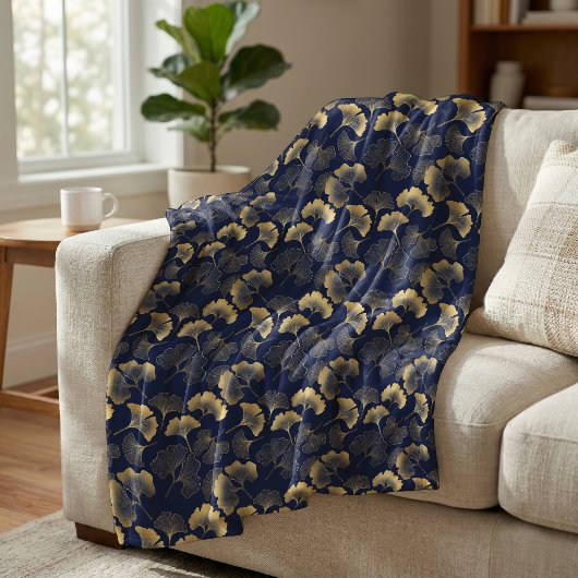 Couverture Polaire Motif élégant de feuille de Ginkgo bleu marine or