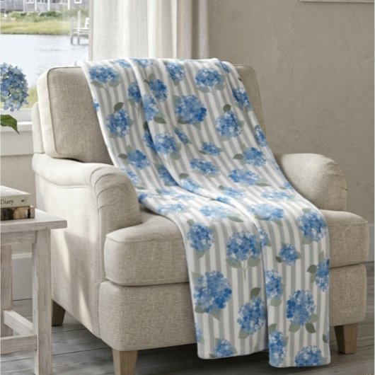 Couverture Polaire Motif Élégant d'Hydrangea Bleue Rayure Grise