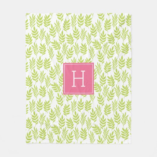 Couverture Polaire Motif Feuille vert et monogramme rose (Devant)