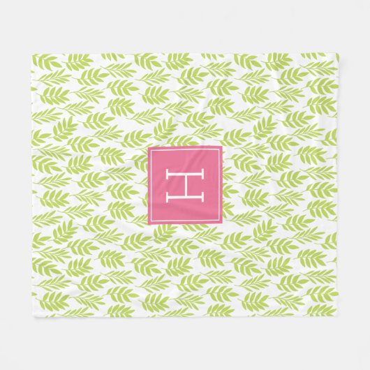 Couverture Polaire Motif Feuille vert et monogramme rose (Devant (Horizontal))