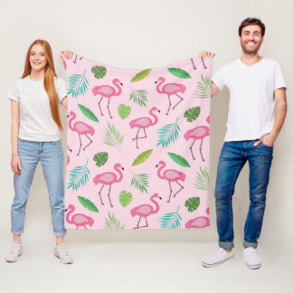 Couverture Polaire Motif Flamant Rose avec feuilles tropicales
