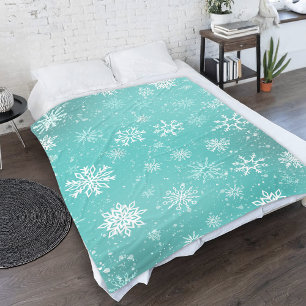 Couverture Polaire Motif Flocons de Neige Bleu Turquoise Doux Gel Hiv
