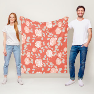 Couverture Polaire Motif floral blanc rose corail moderne