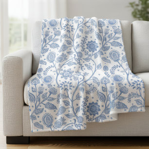 Couverture Polaire Motif floral bleu et blanc botanique boho chic