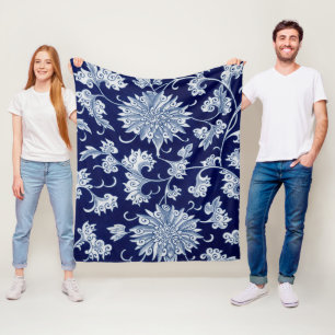 Couverture Polaire Motif Floral bleu Ornement chinois Vintage
