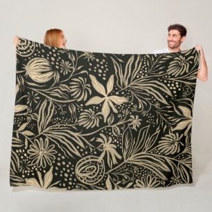 Couverture Polaire Motif floral brillant en or sur noir