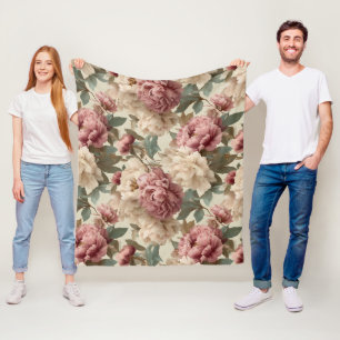 Couverture Polaire Motif floral crème de pivoine rose vintage