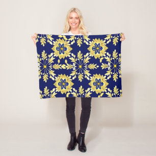 Couverture Polaire Motif floral élégant en or et bleu