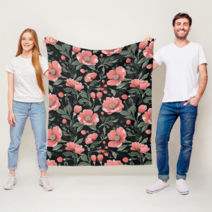 Couverture Polaire Motif floral Feuilles de chêne vert et fleurs rose