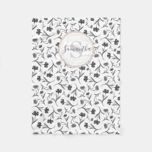 Couverture Polaire Motif floral noir et blanc - Nom et monogramme (Devant)