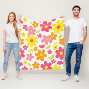 Couverture Polaire Motif floral rose et jaune rétro d'été lumineux