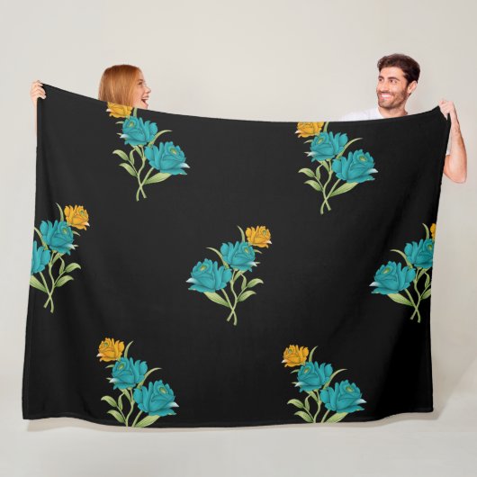 Couverture Polaire Motif floral Turquoise Coral vert sur noir (En situation)