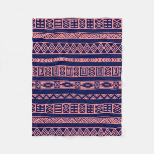 Couverture Polaire Motif géométrique tribal bleu et corail-rouge