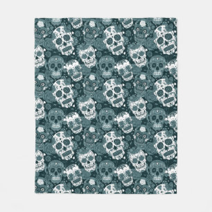 Couverture Polaire motif ornemental floral crâne en sucre bleu rétro