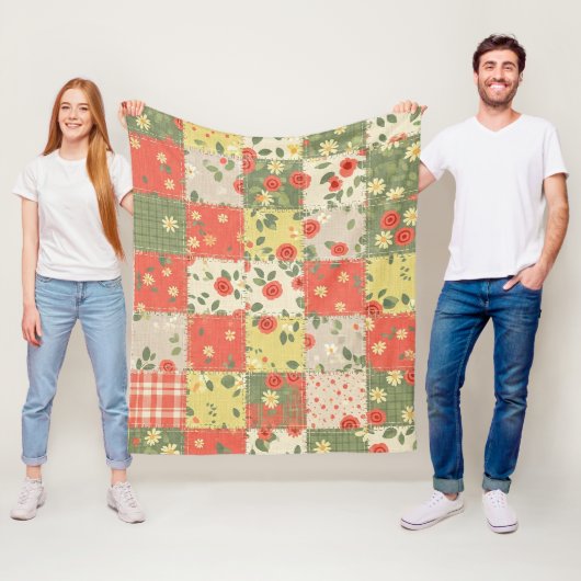 Couverture Polaire Motif Patchwork Floral de Ferme (En situation)