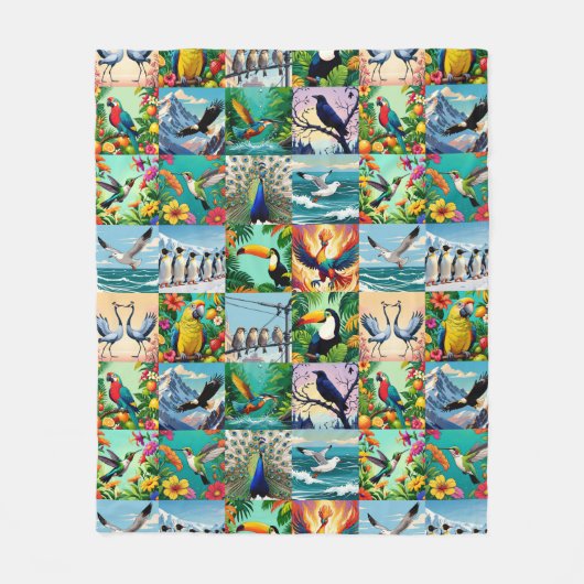 Couverture Polaire Motif Patchwork Oiseaux (Devant)