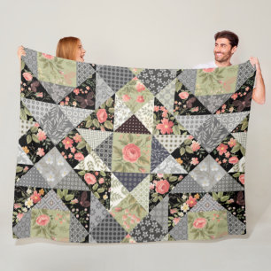 Couverture Polaire Motif Patchwork Papillons Fleurs Rose de feuillage
