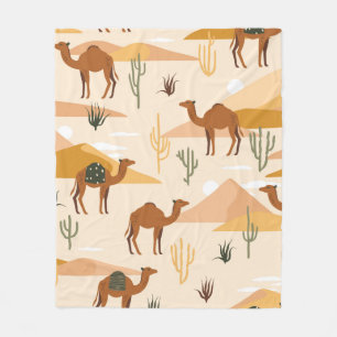 Couverture Polaire Motif sans couture avec chameaux, dunes et cactus.