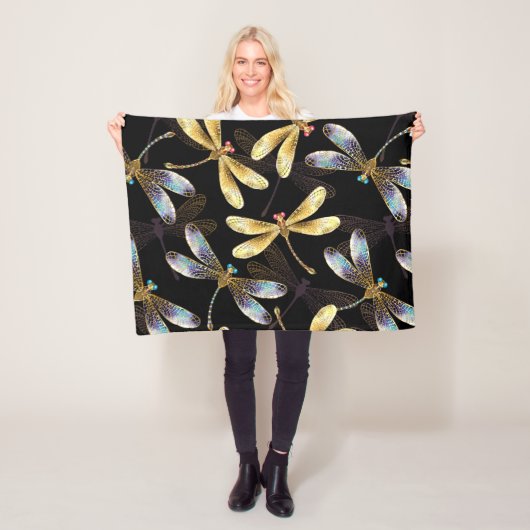 Couverture Polaire Motif sans couture avec libellules d'or (En situation)