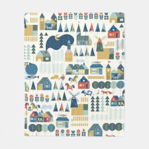 Couverture Polaire Motif sans couture avec village scandinave dans le